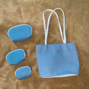 Bueno Blue And White Striped Handbag With 3 Storage Wallets